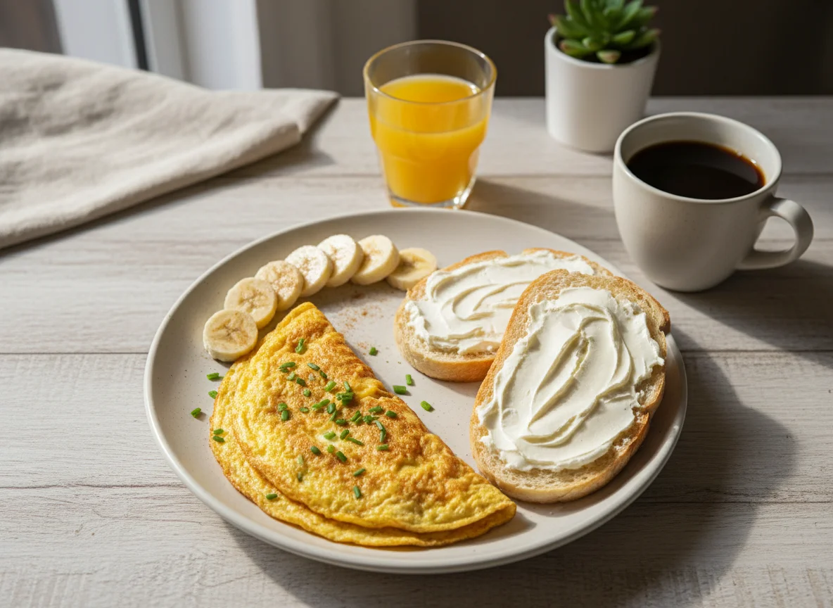 Café da manhã com omelete, banana e torradas photo
