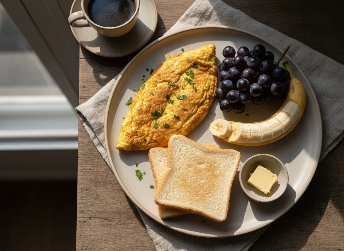 Café da manhã com omelete, banana e uvas photo