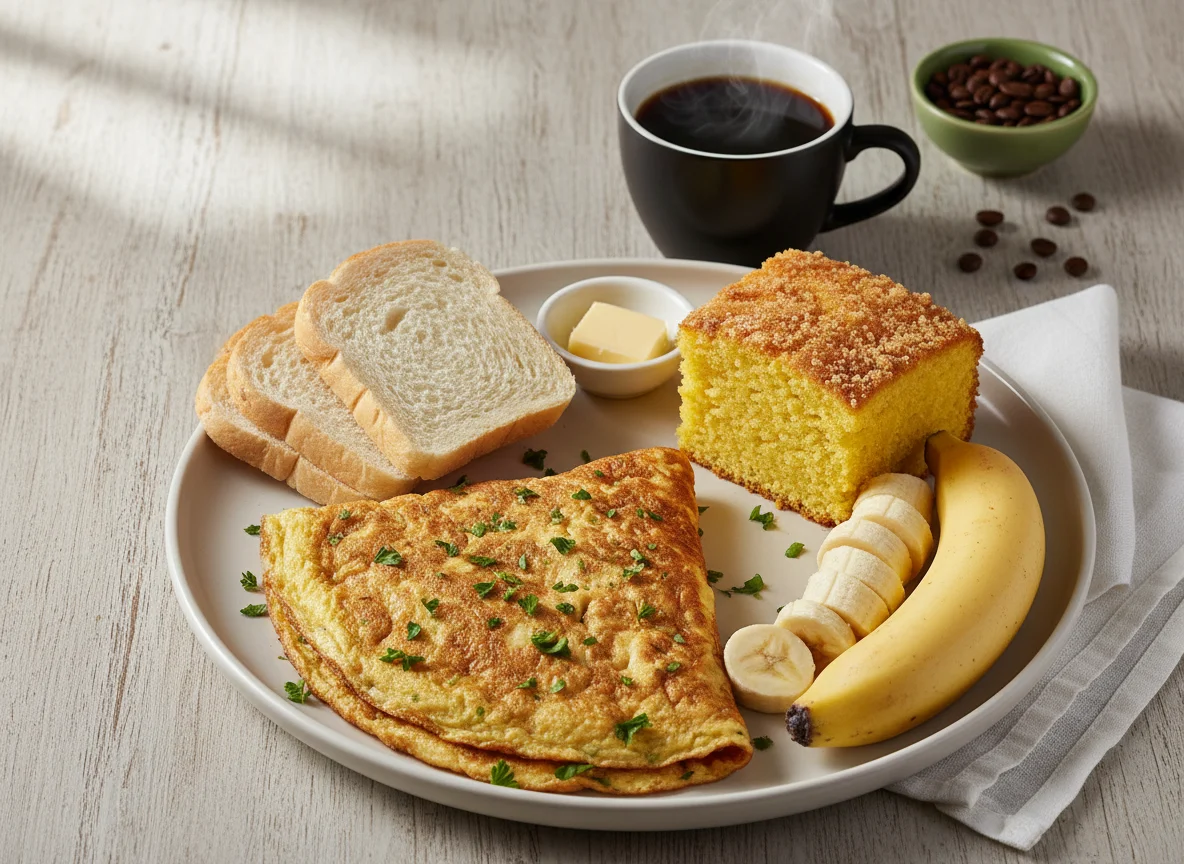 Café da manhã com omelete e banana photo