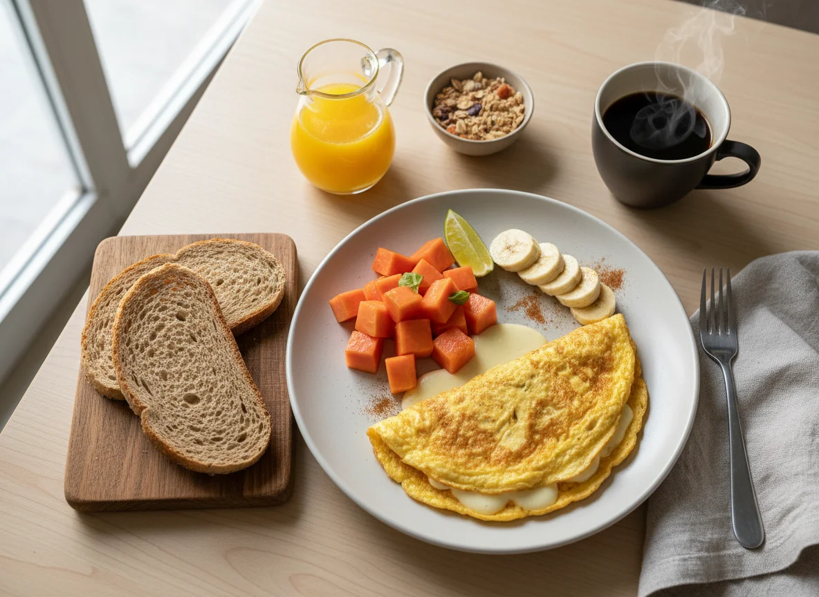 Café da manhã com omelete e frutas photo