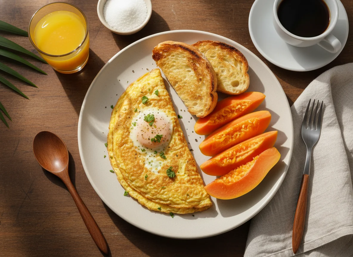 Café da manhã com omelete e mamão photo