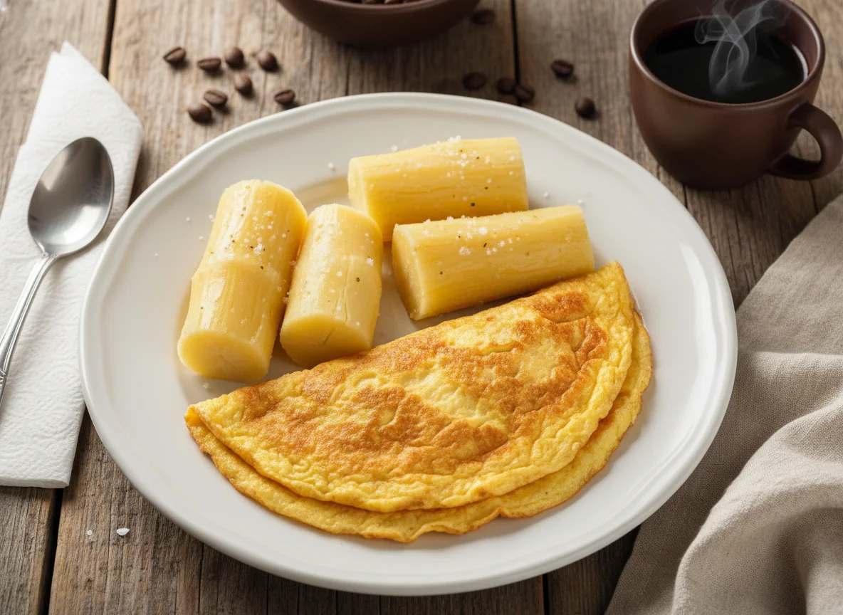 Café da manhã com omelete e mandioca photo