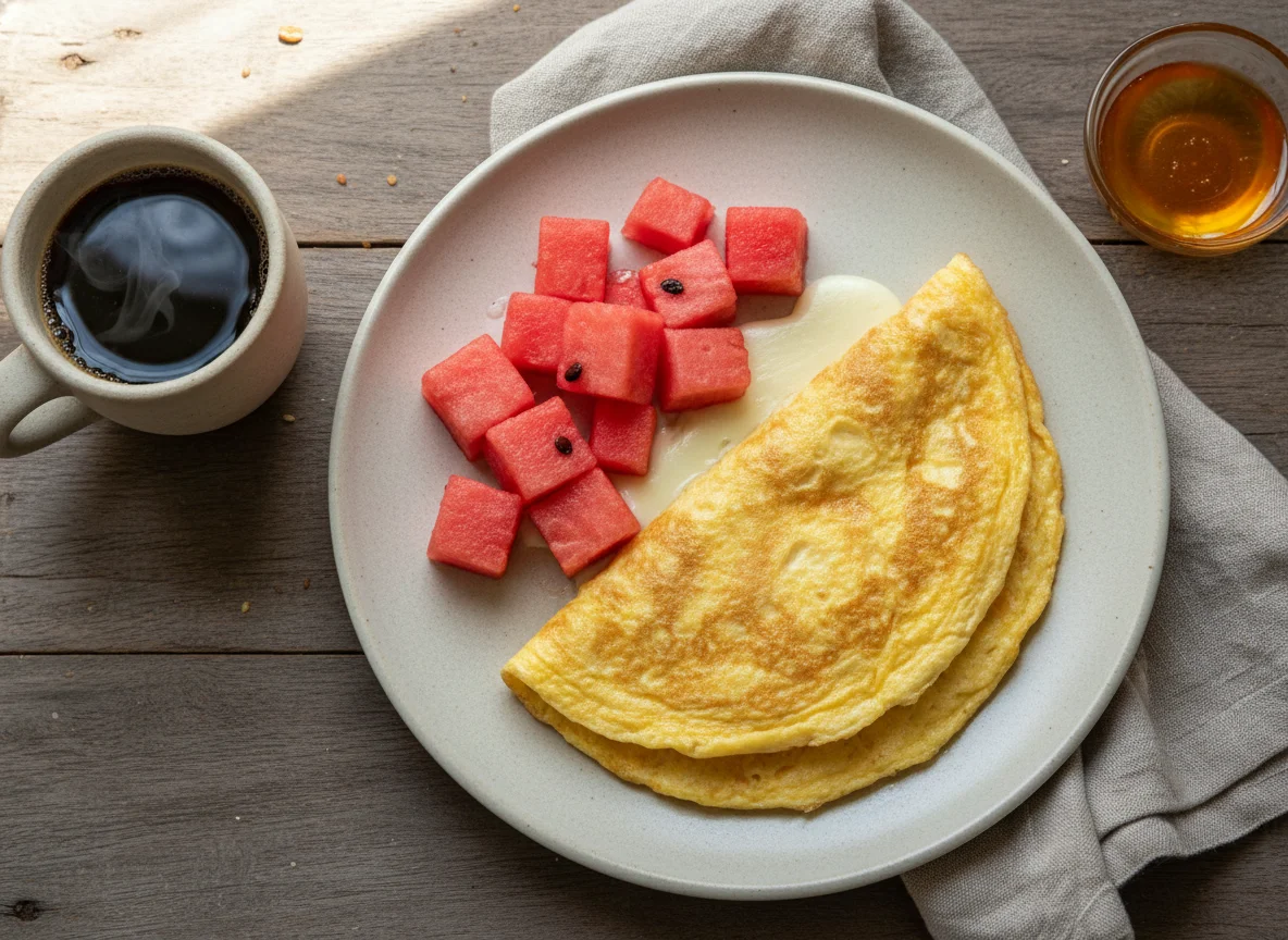 Café da manhã com omelete e melancia photo