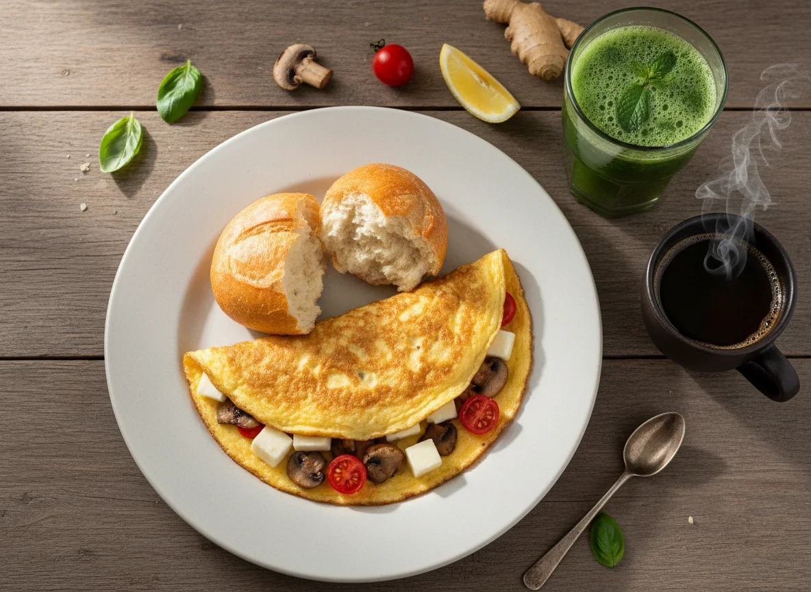 Café da manhã com omelete e suco verde photo