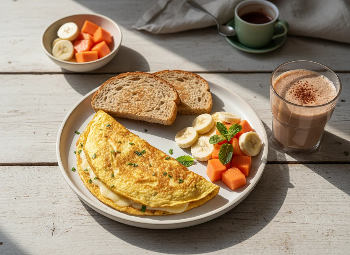 Café da manhã com omelete, frutas e bebida láctea photo