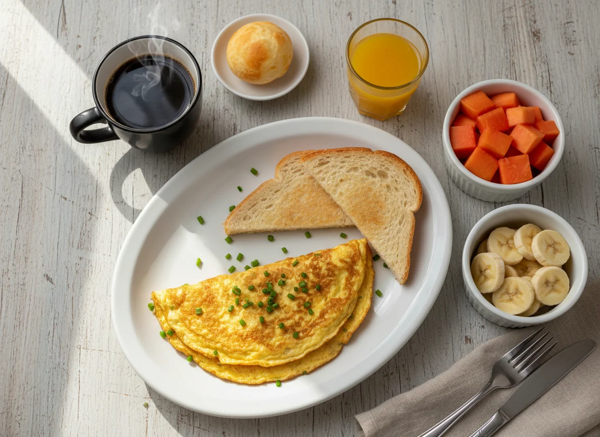 Café da manhã com omelete, frutas e café photo