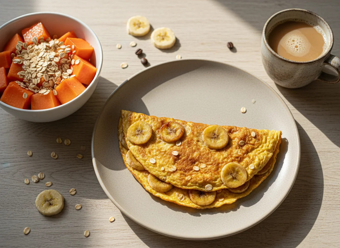 Café da manhã com omelete, mamão com aveia e café com leite photo