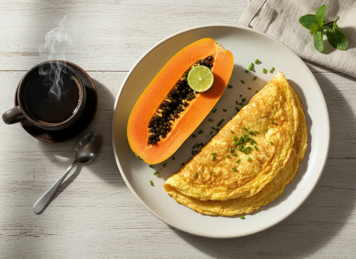 Café da manhã com omelete, mamão e café photo