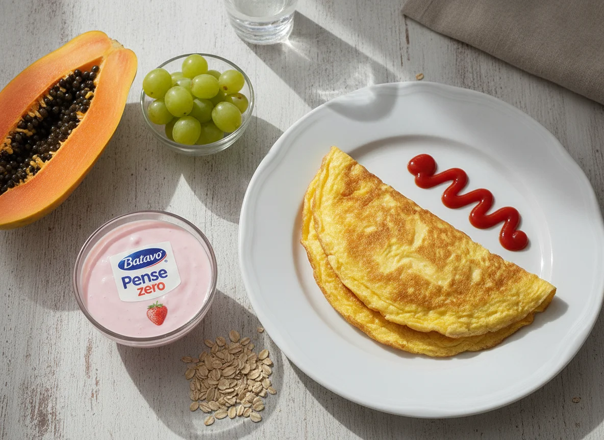 Café da manhã com omelete, mamão e uvas photo