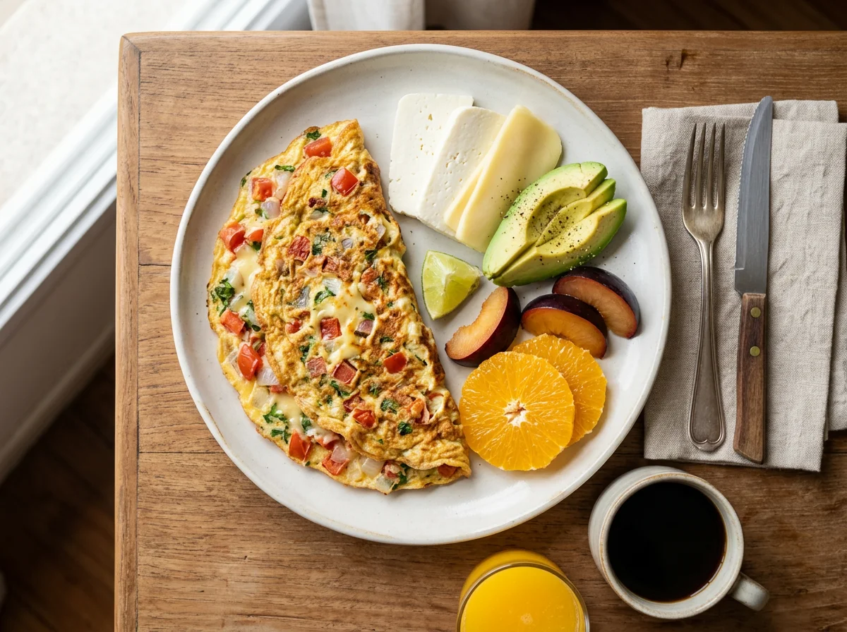 Café da manhã com omelete, queijos e frutas photo