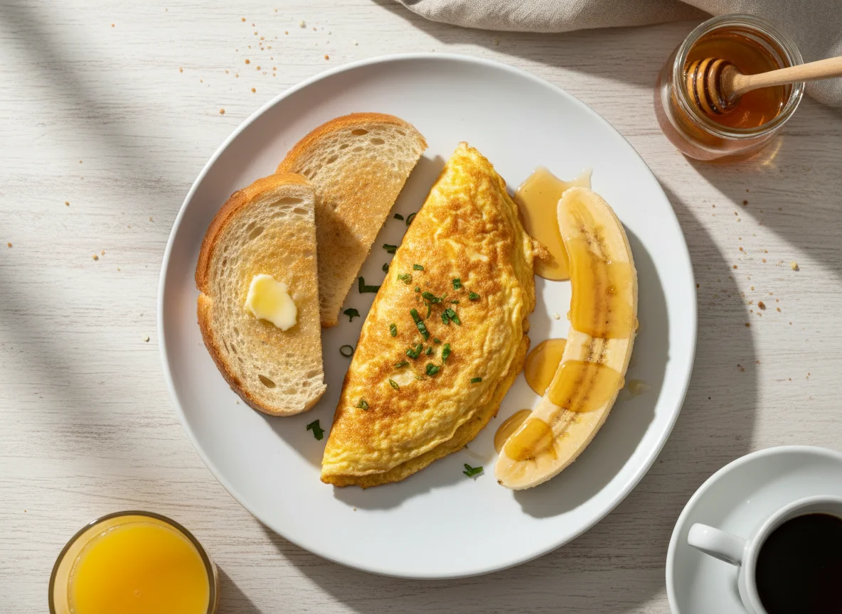 Café da manhã com omelete, torrada e banana photo