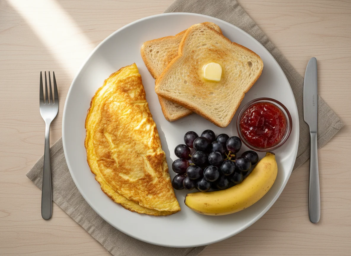 Café da manhã com omelete, torrada e frutas photo