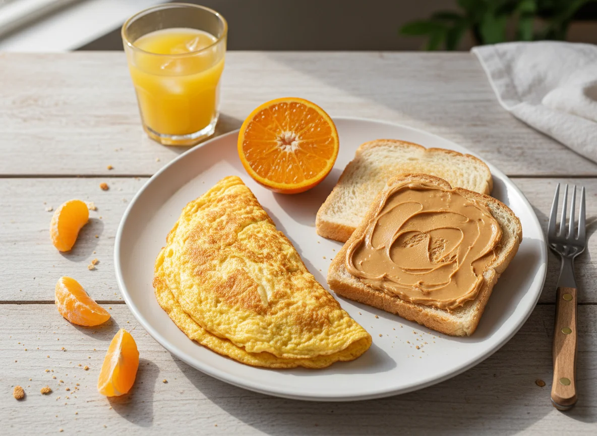 Café da manhã com omelete, torrada e laranja photo
