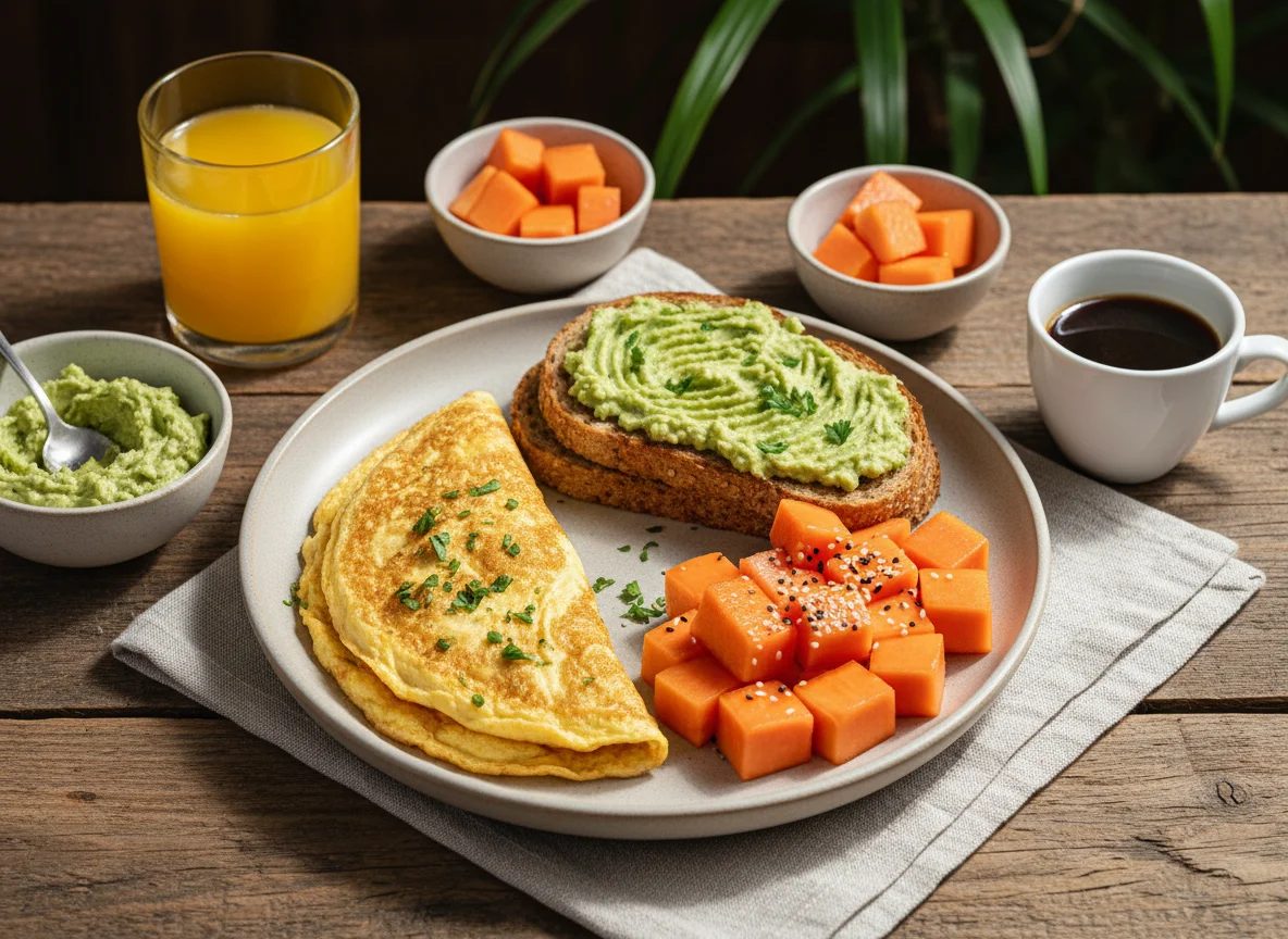 Café da manhã com omelete, torrada e mamão photo
