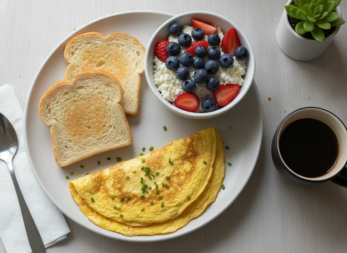 Café da manhã com omelete, torradas e iogurte com frutas photo