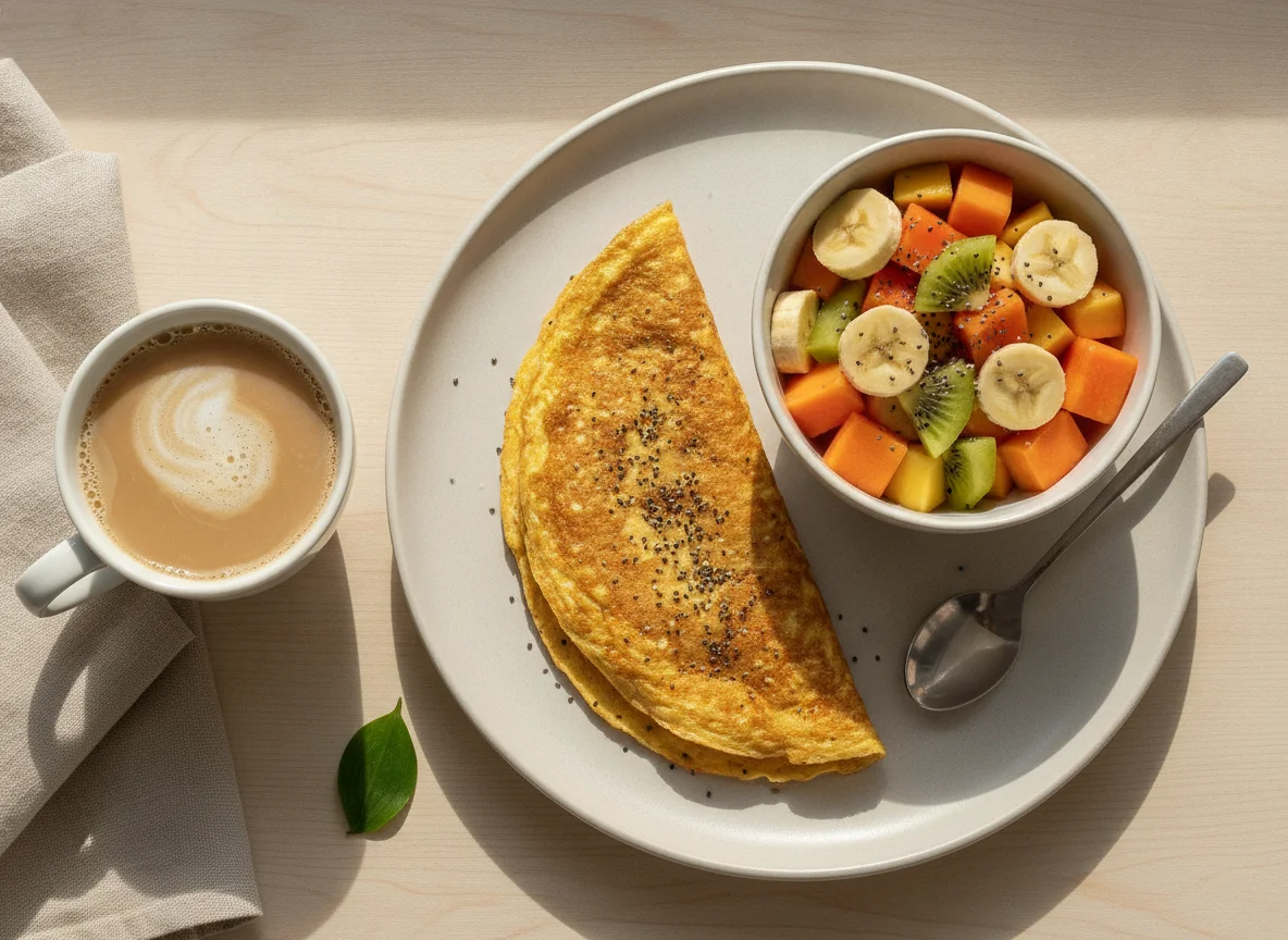 Café da manhã com omelete/panqueca, salada de frutas e café com leite photo