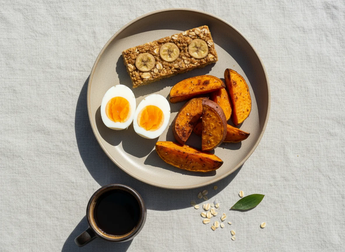 Café da manhã com ovo, batata doce e barra de proteína photo