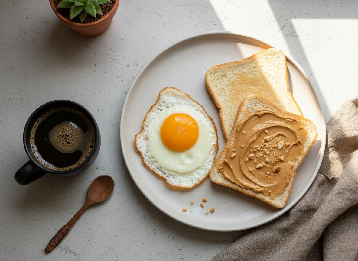 Café da manhã com ovo e pão com pasta photo