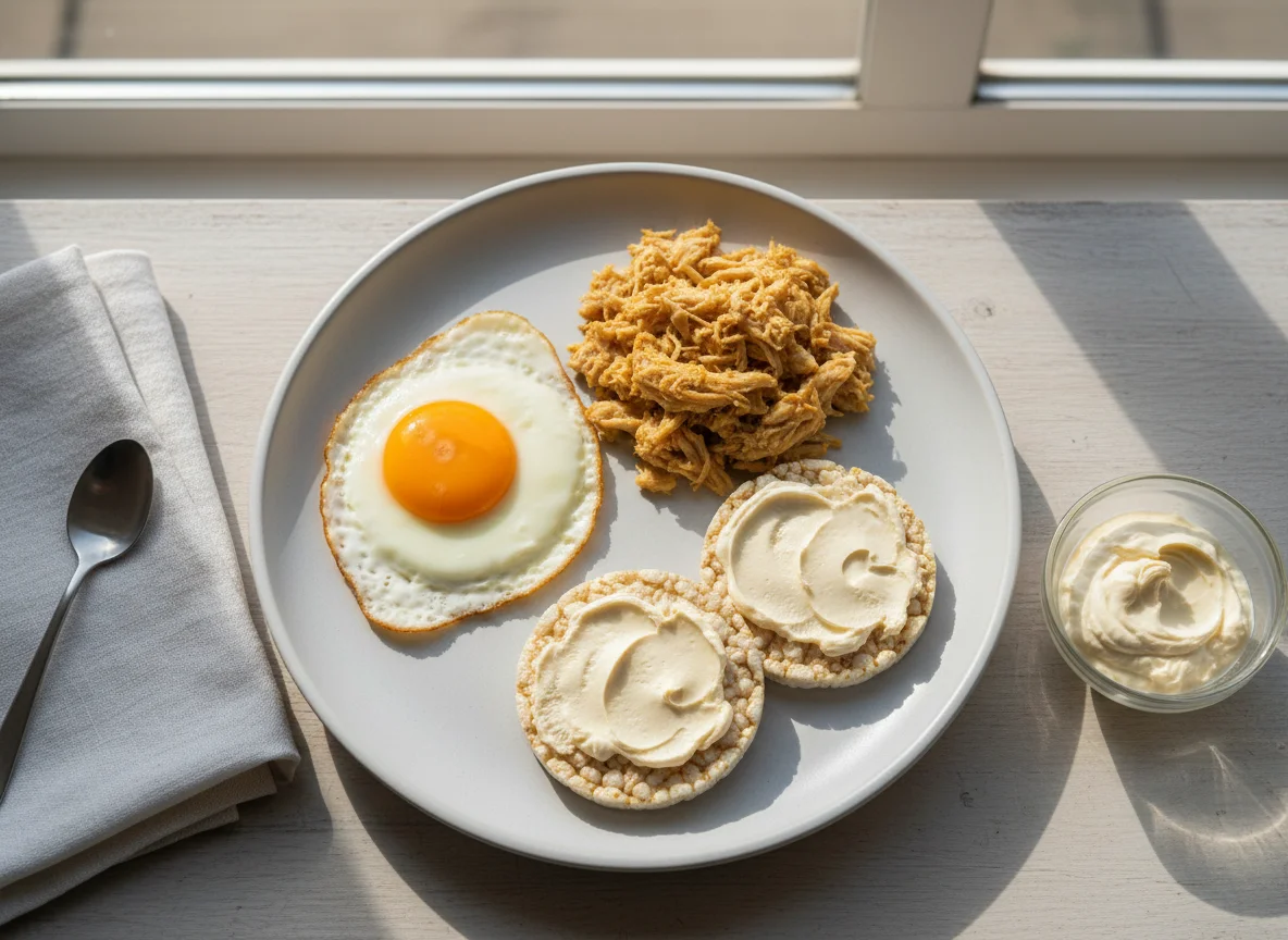 Café da manhã com ovo, frango e biscoitos de arroz photo