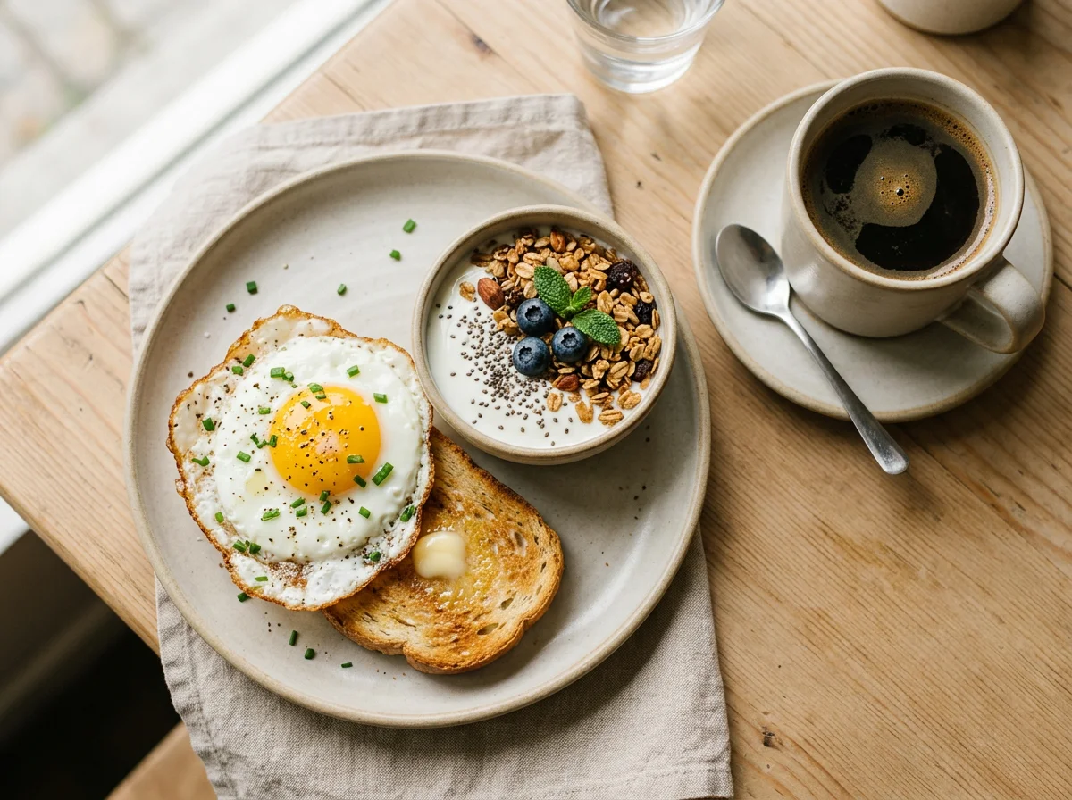 Café da manhã com ovo, iogurte e café photo