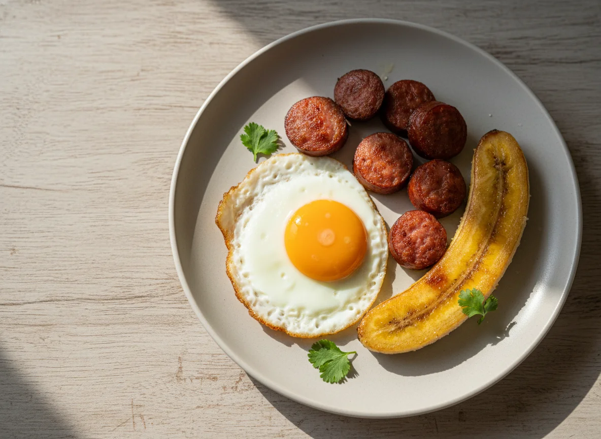 Café da manhã com ovo, linguiça e banana photo