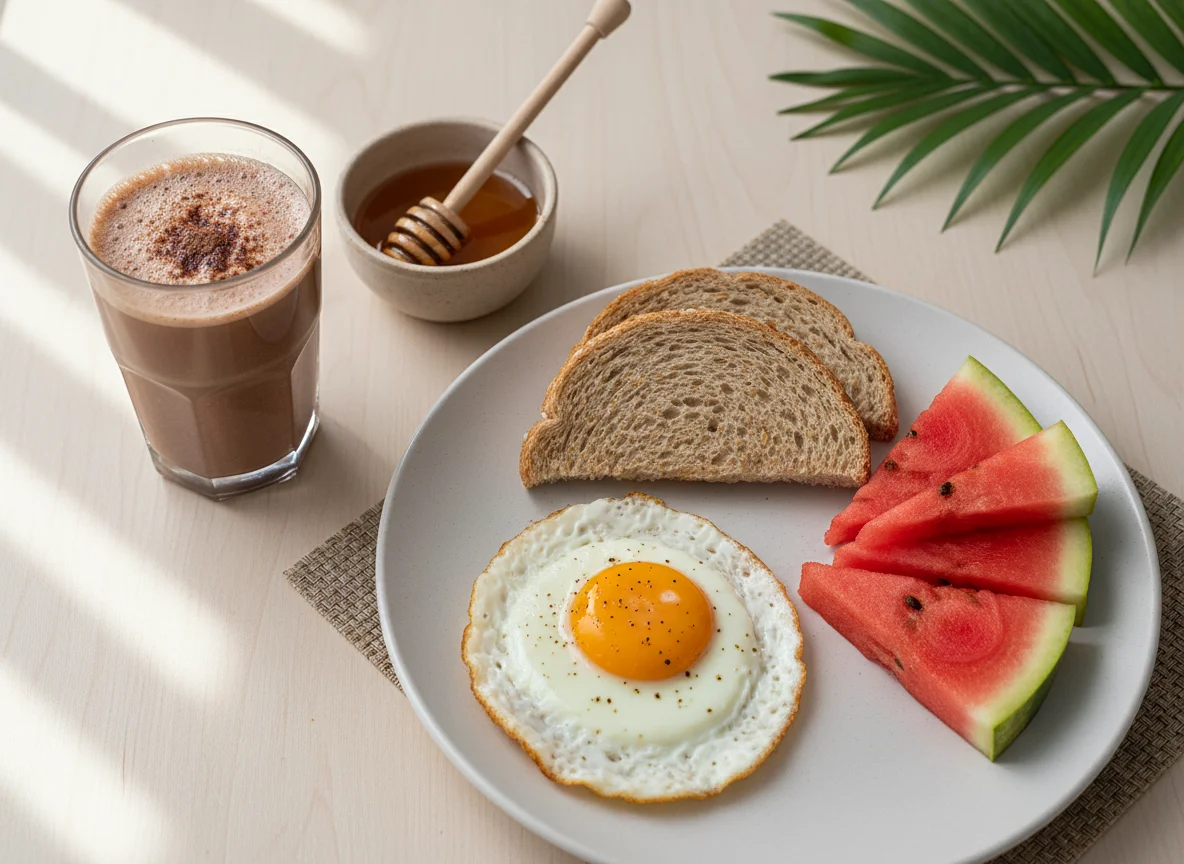 Café da manhã com ovo, pão e melancia photo