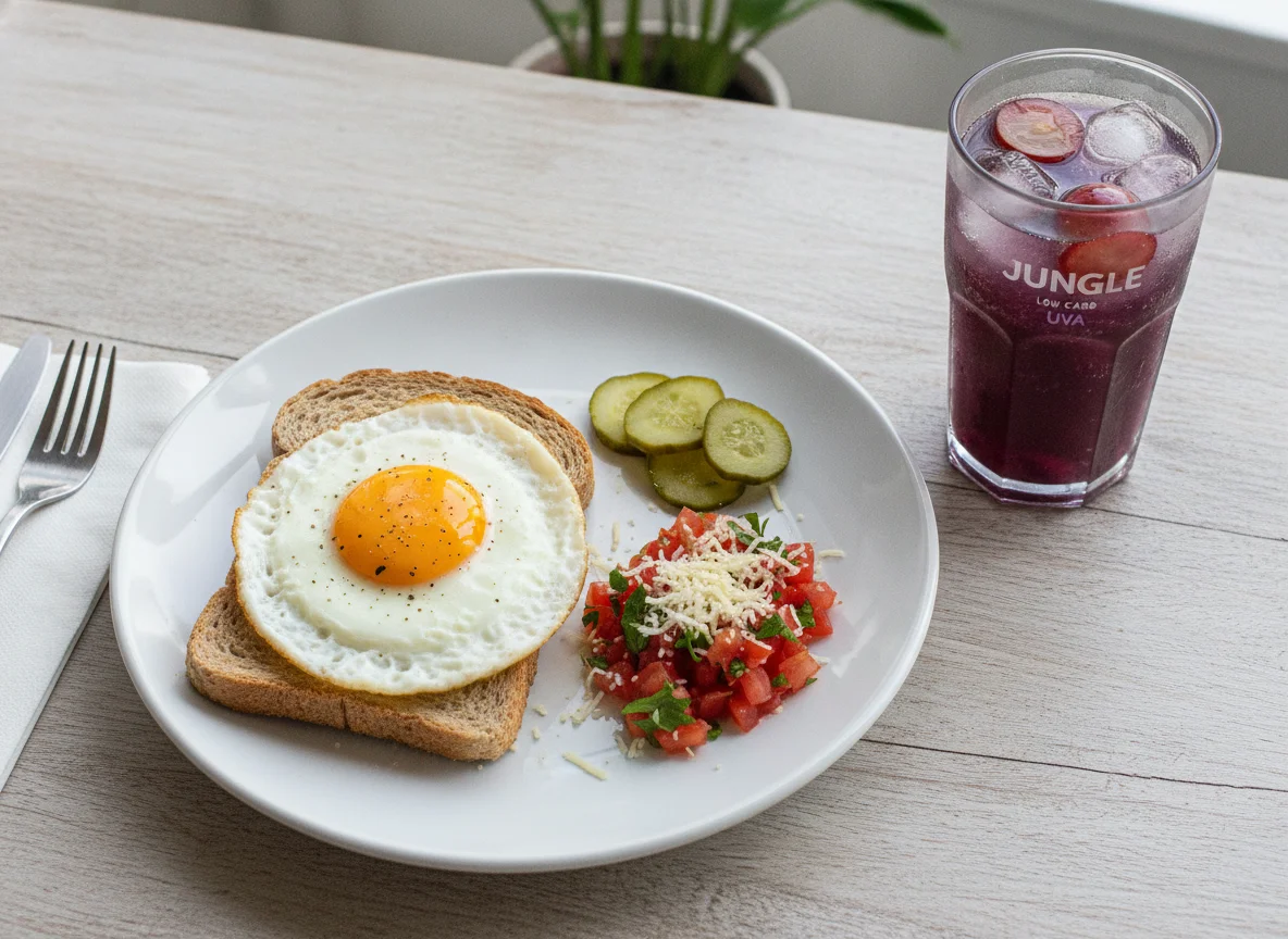 Café da manhã com ovo, pão integral, tomate e picles photo