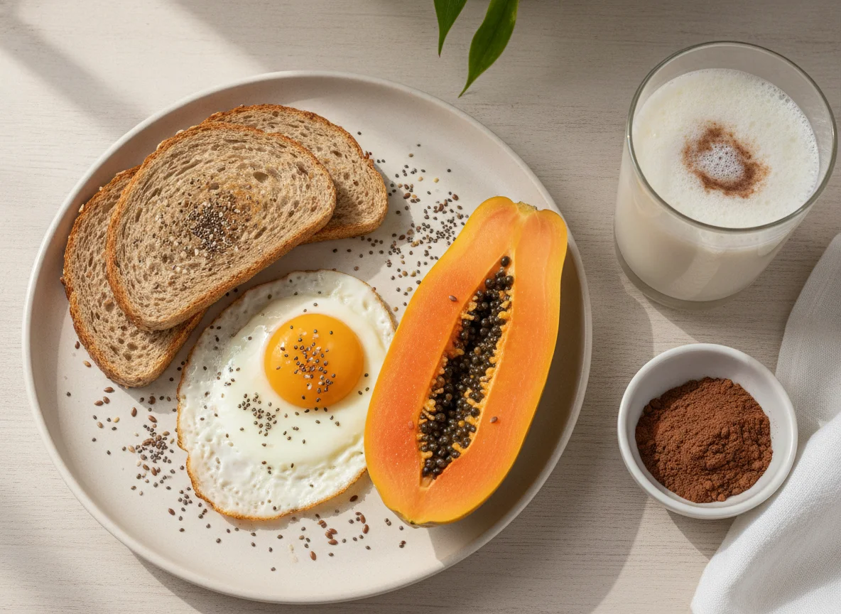 Café da manhã com ovo, torrada, mamão e leite desnatado photo