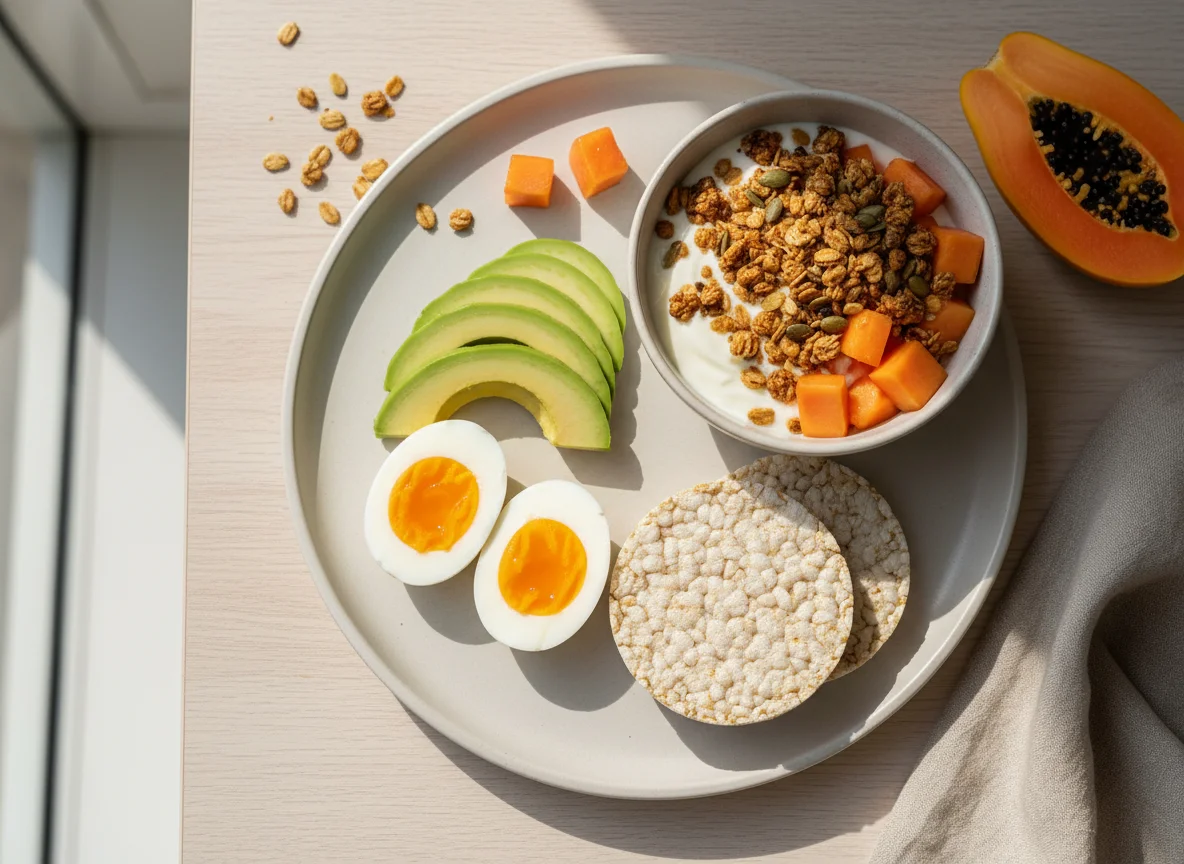 Café da manhã com ovos, abacate, bolachas de arroz e iogurte com granola e mamão photo
