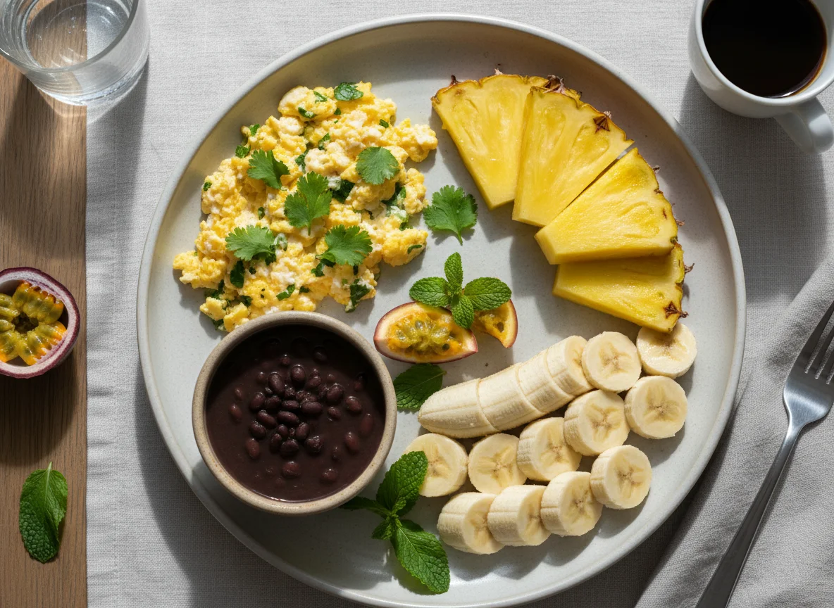 Café da manhã com ovos, abacaxi e banana photo