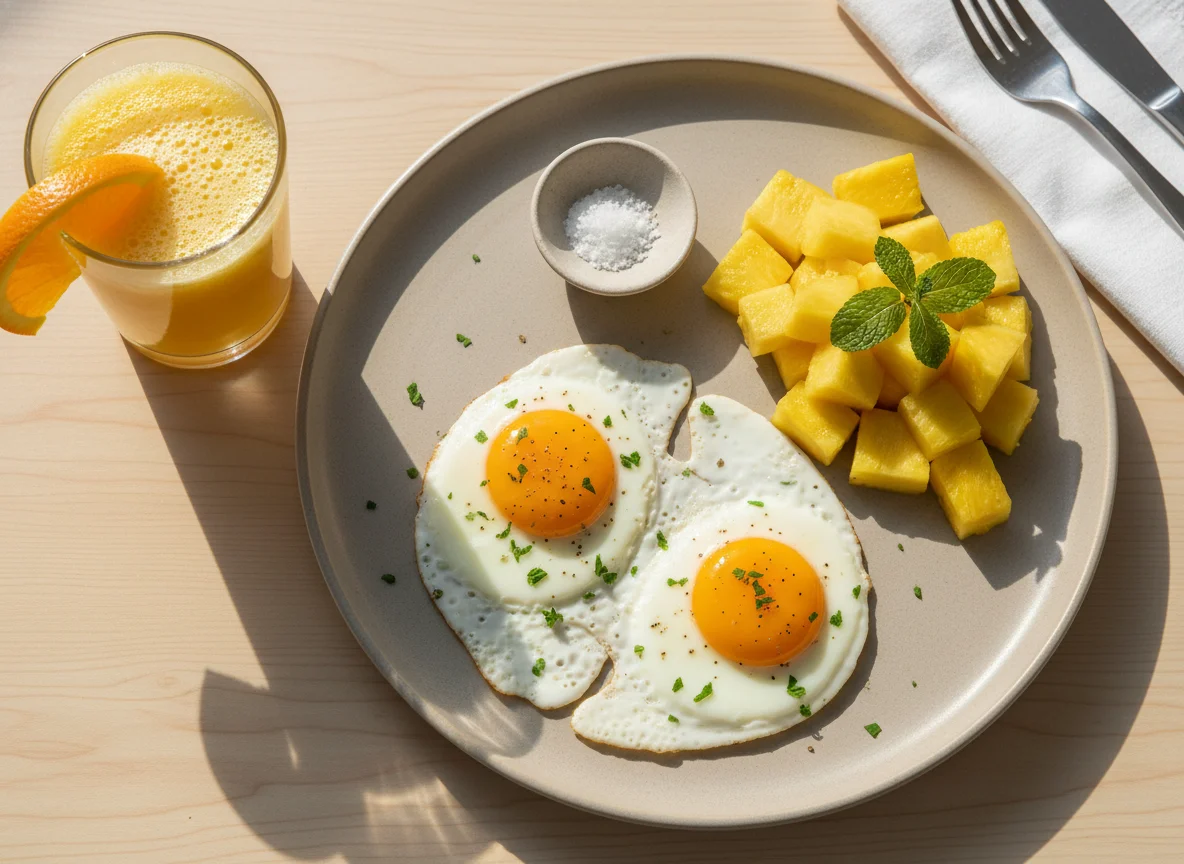 Café da manhã com ovos, abacaxi e suco de laranja photo