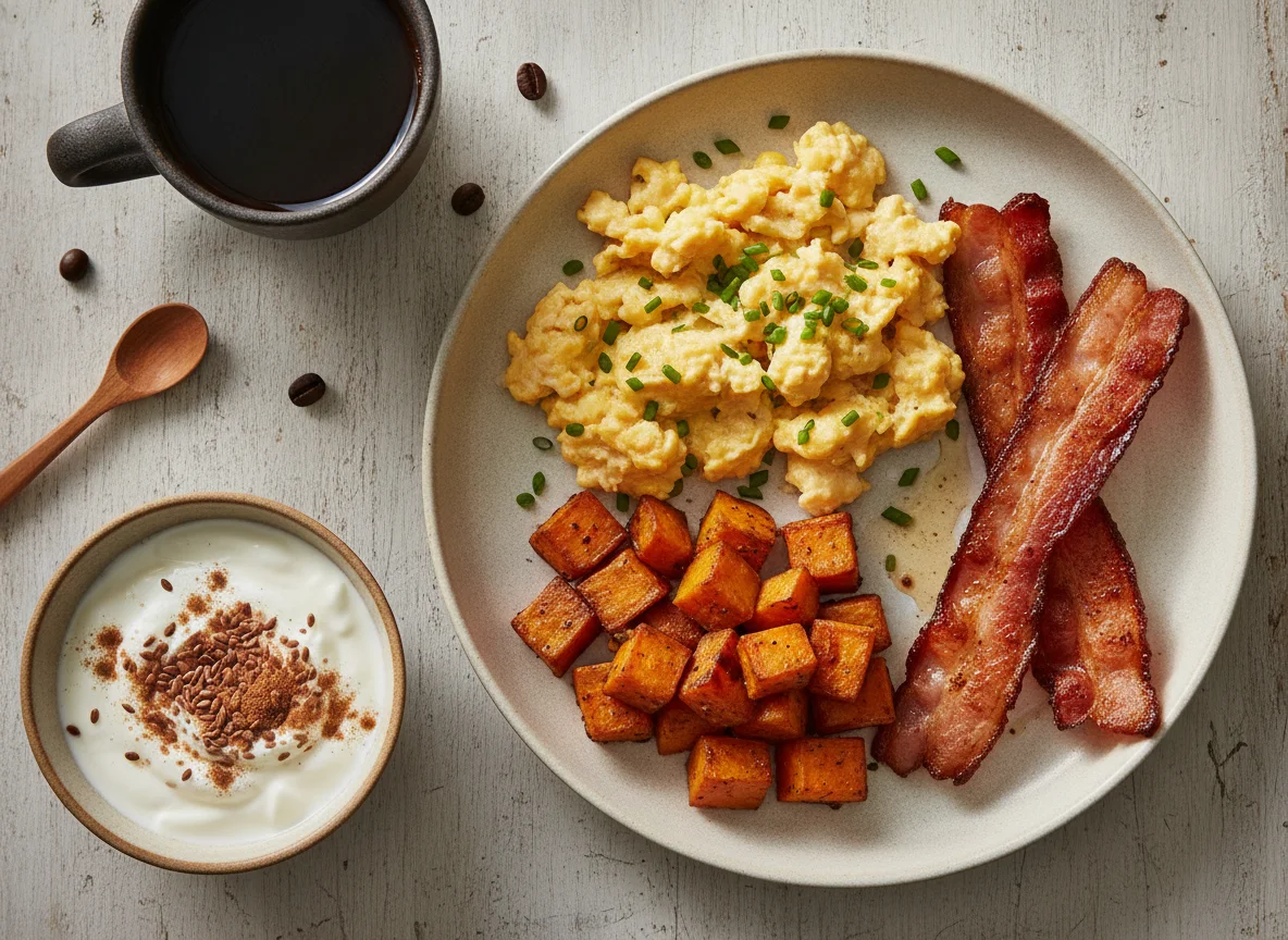 Café da manhã com ovos, bacon, batata doce e iogurte photo