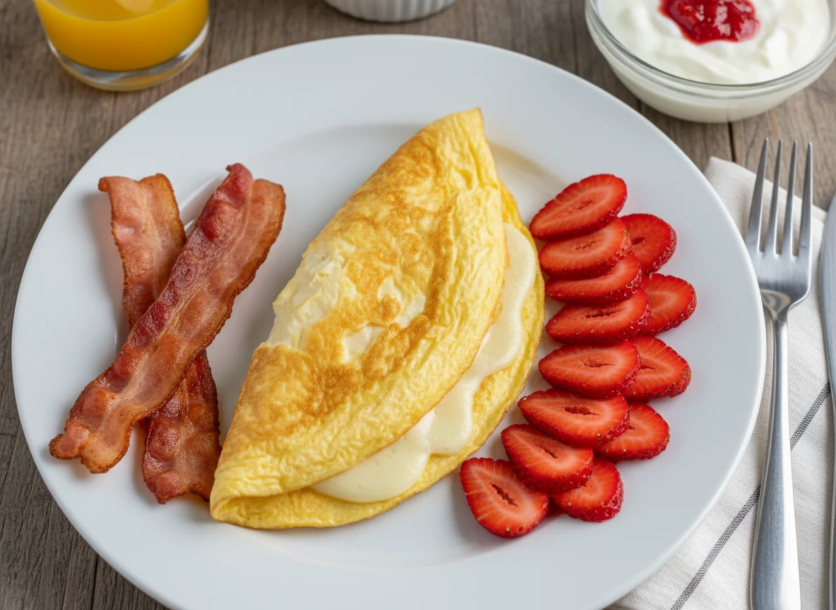 Café da manhã com ovos, bacon e morangos photo