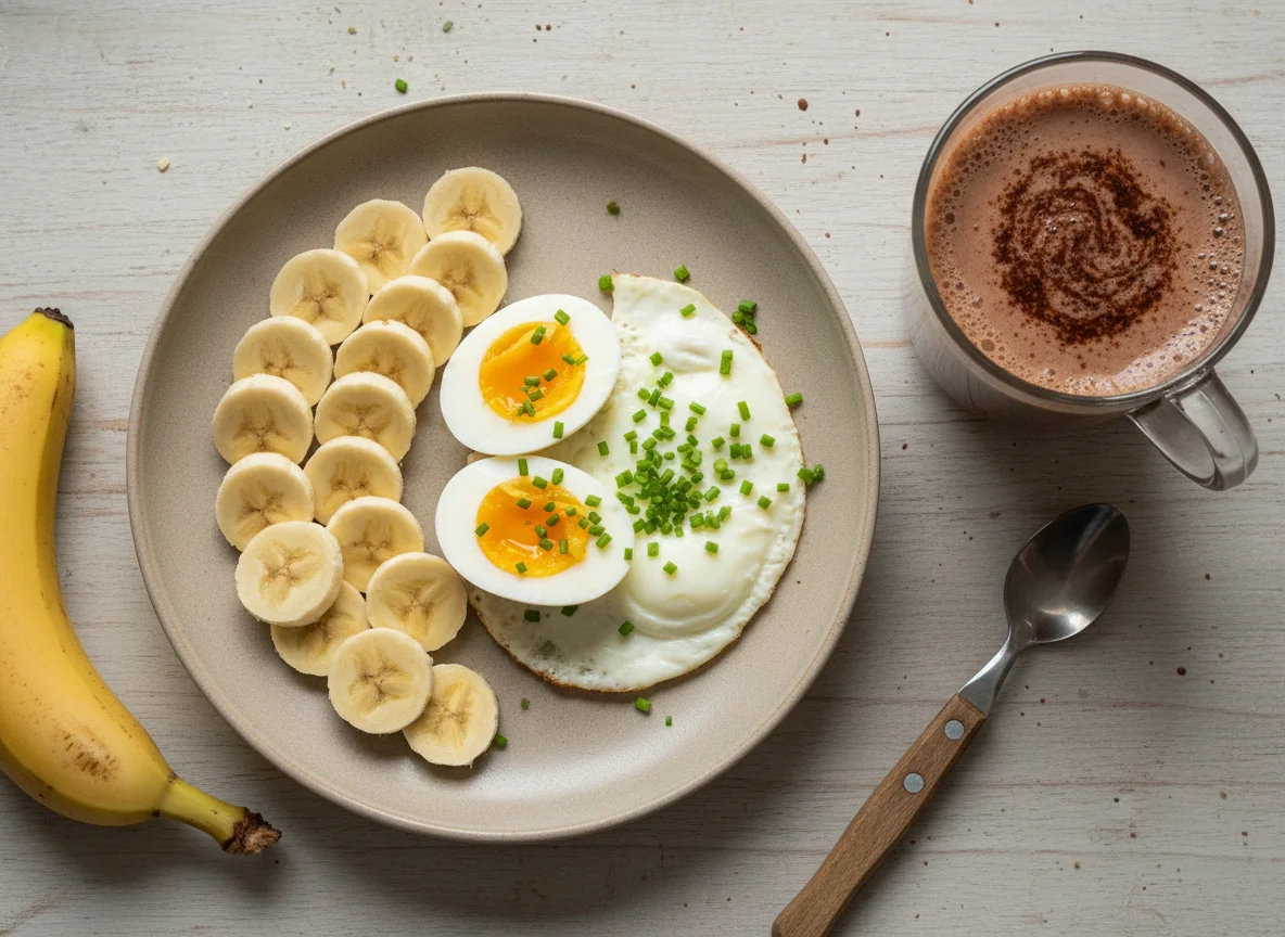 Café da manhã com ovos, banana e bebida de chocolate photo