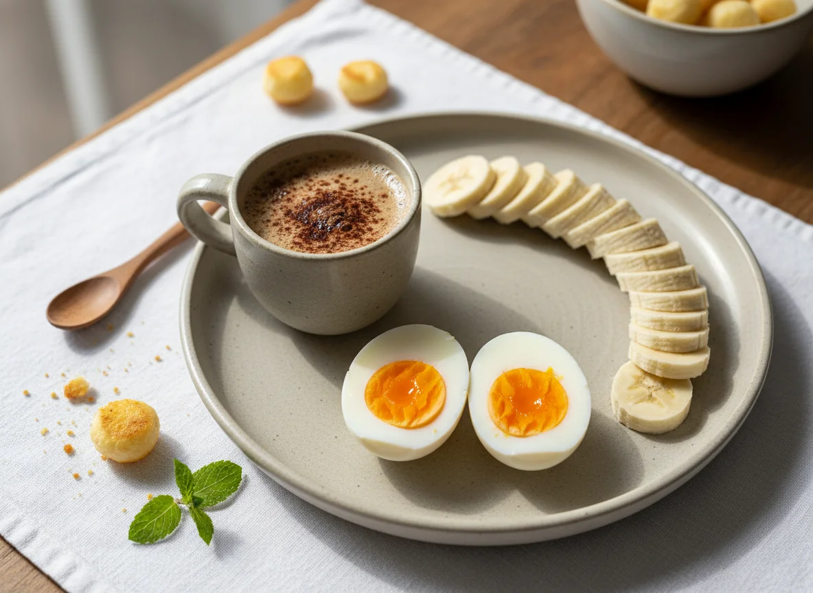 Café da manhã com ovos, banana e café com cacau photo