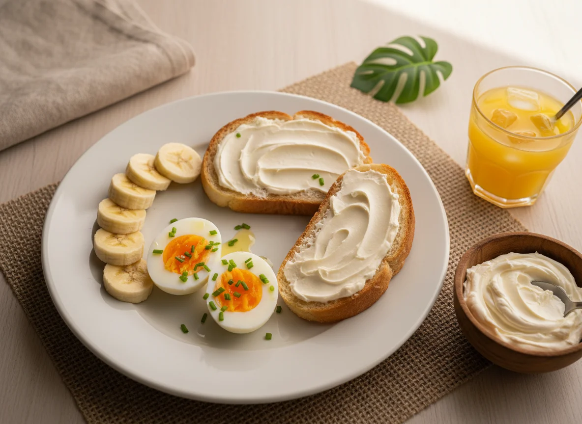 Café da manhã com ovos, banana e torrada photo