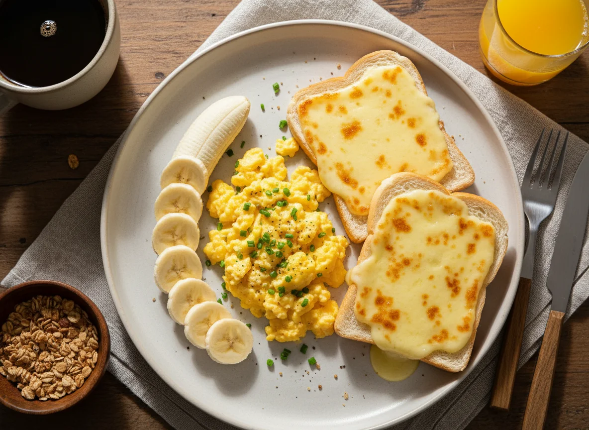 Café da manhã com ovos, banana e torrada com queijo photo