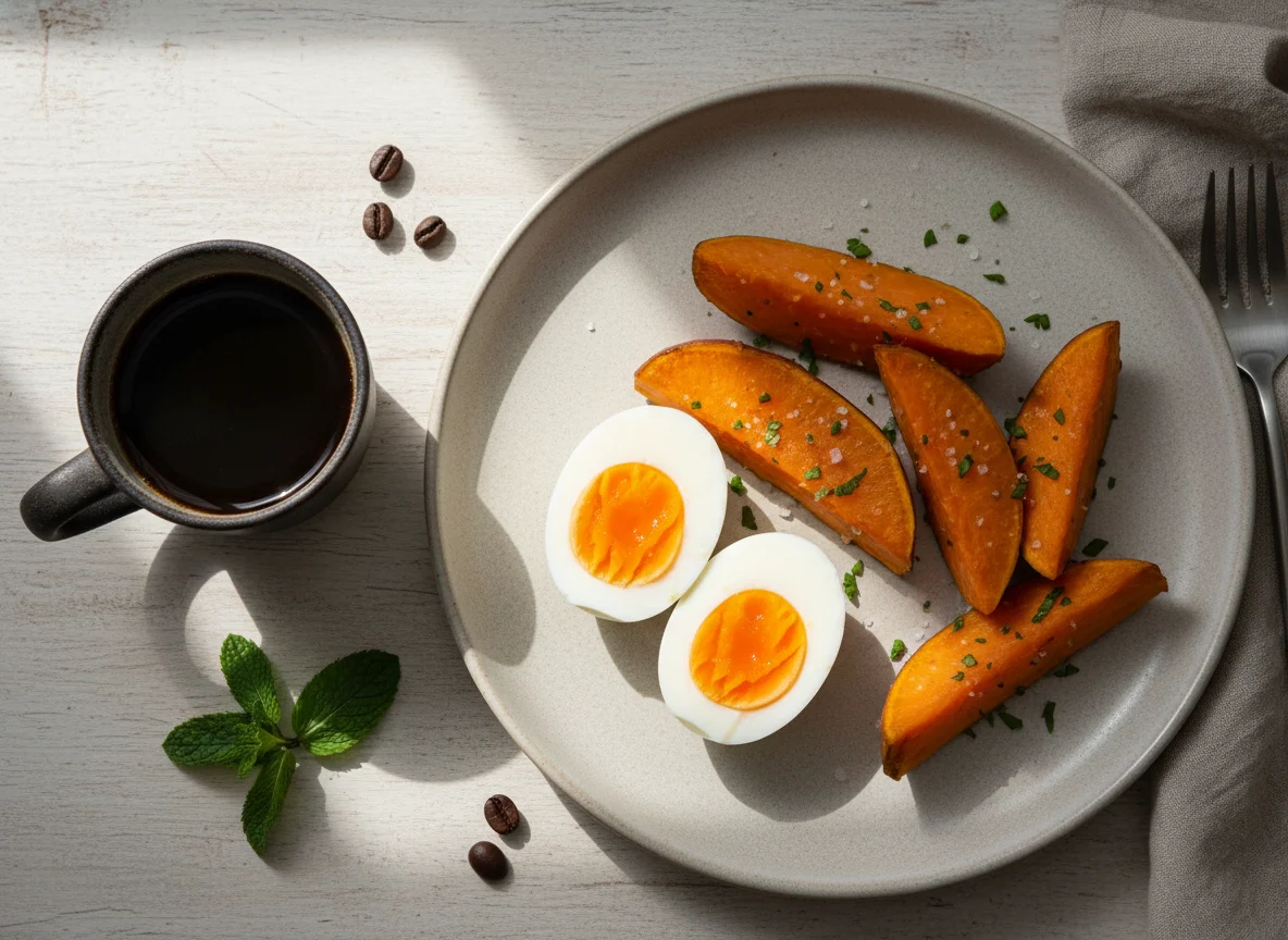 Café da manhã com ovos, batata doce e café photo