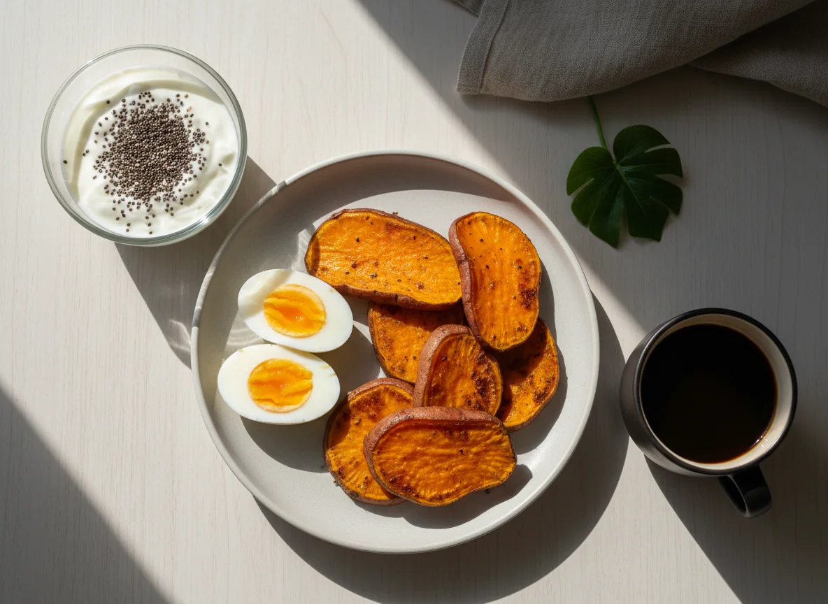 Café da manhã com ovos, batata doce, iogurte com chia e café photo