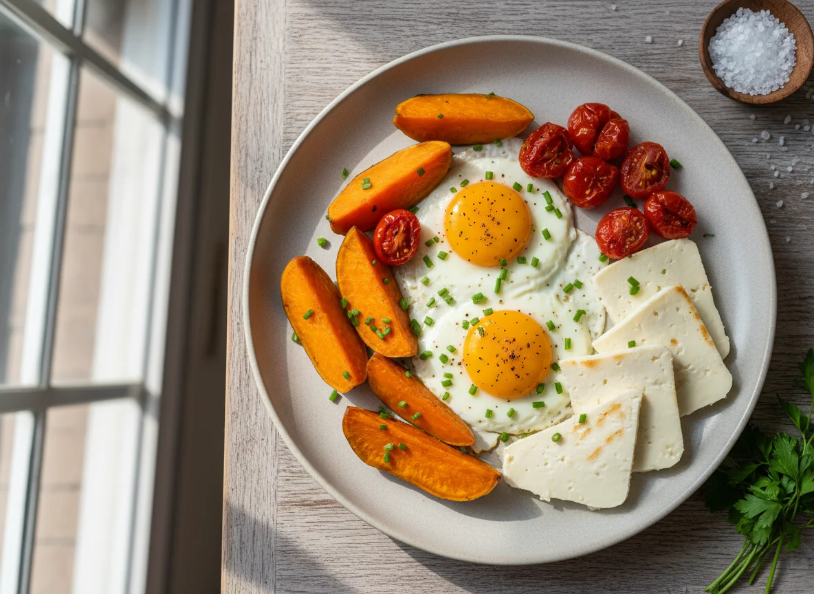 Café da manhã com ovos, batata doce, tomate cereja e queijo photo