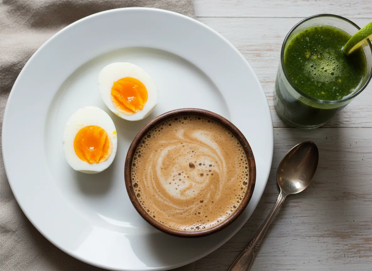 Café da manhã com ovos, café com leite e suco verde photo