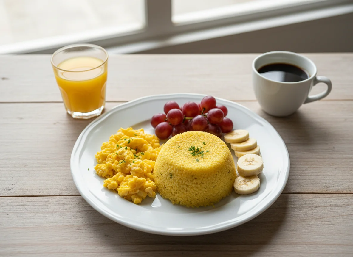 Café da manhã com ovos, cuscuz e frutas photo