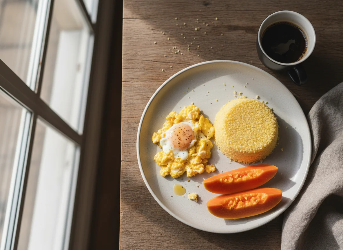 Café da manhã com ovos, cuscuz e mamão photo