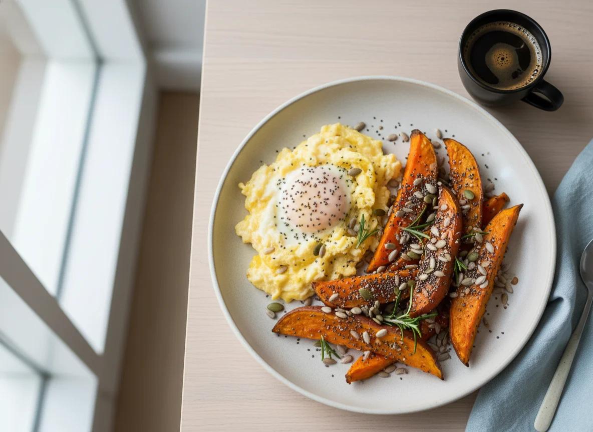 Café da manhã com ovos e batata doce photo