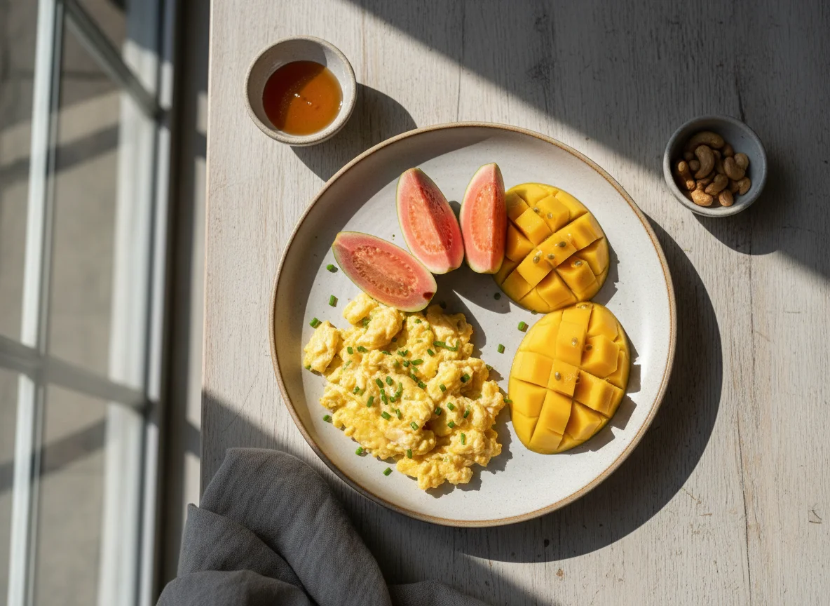 Café da manhã com ovos e frutas photo