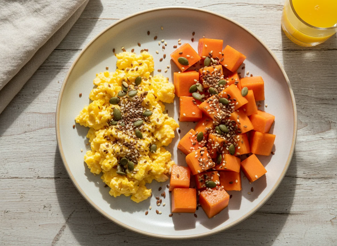 Café da manhã com ovos e mamão photo