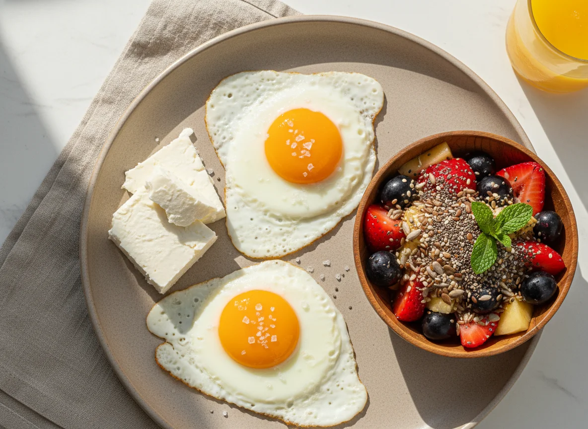 Café da manhã com ovos e salada de frutas photo