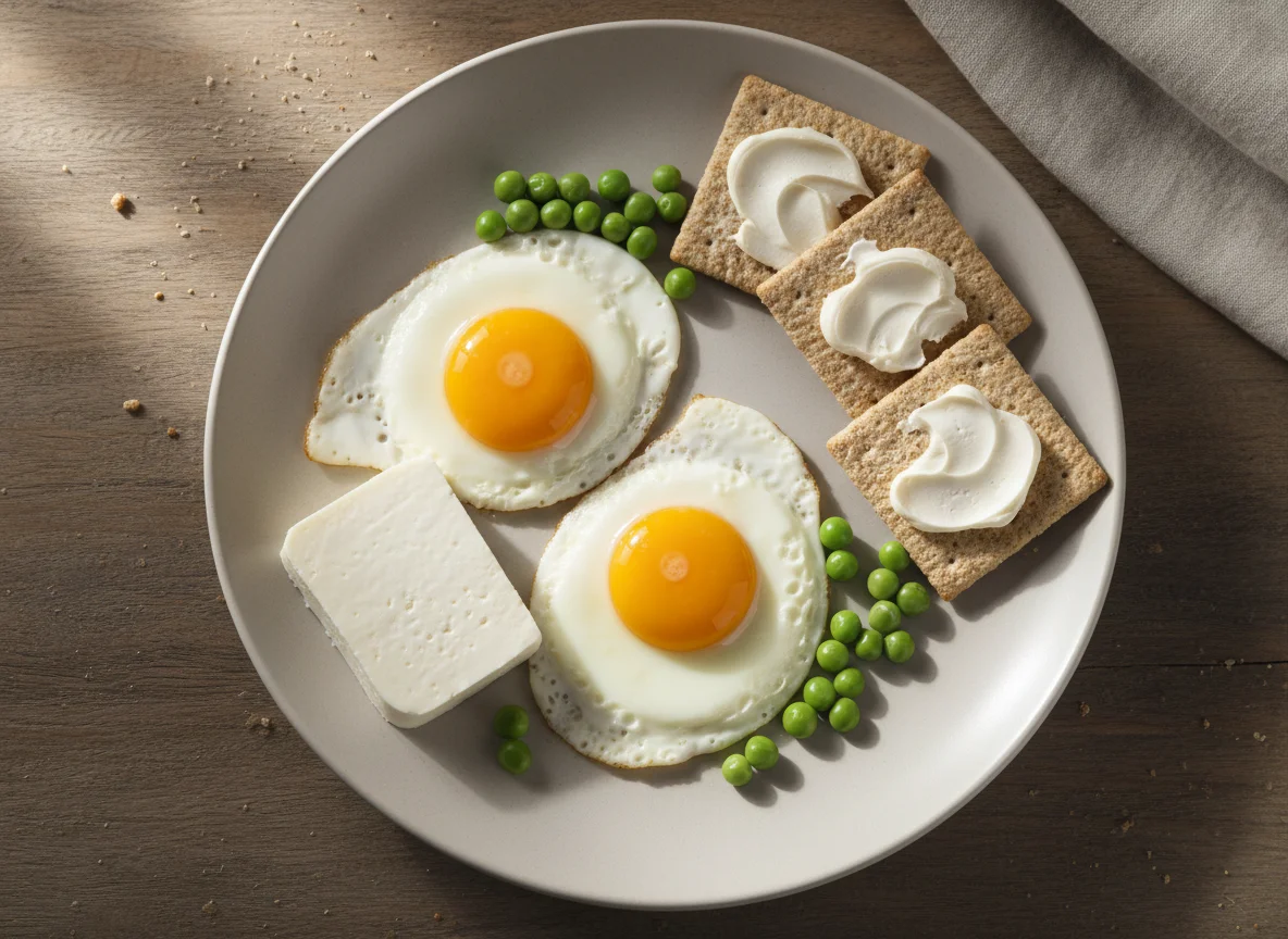 Café da manhã com ovos, ervilhas, queijo e biscoitos photo