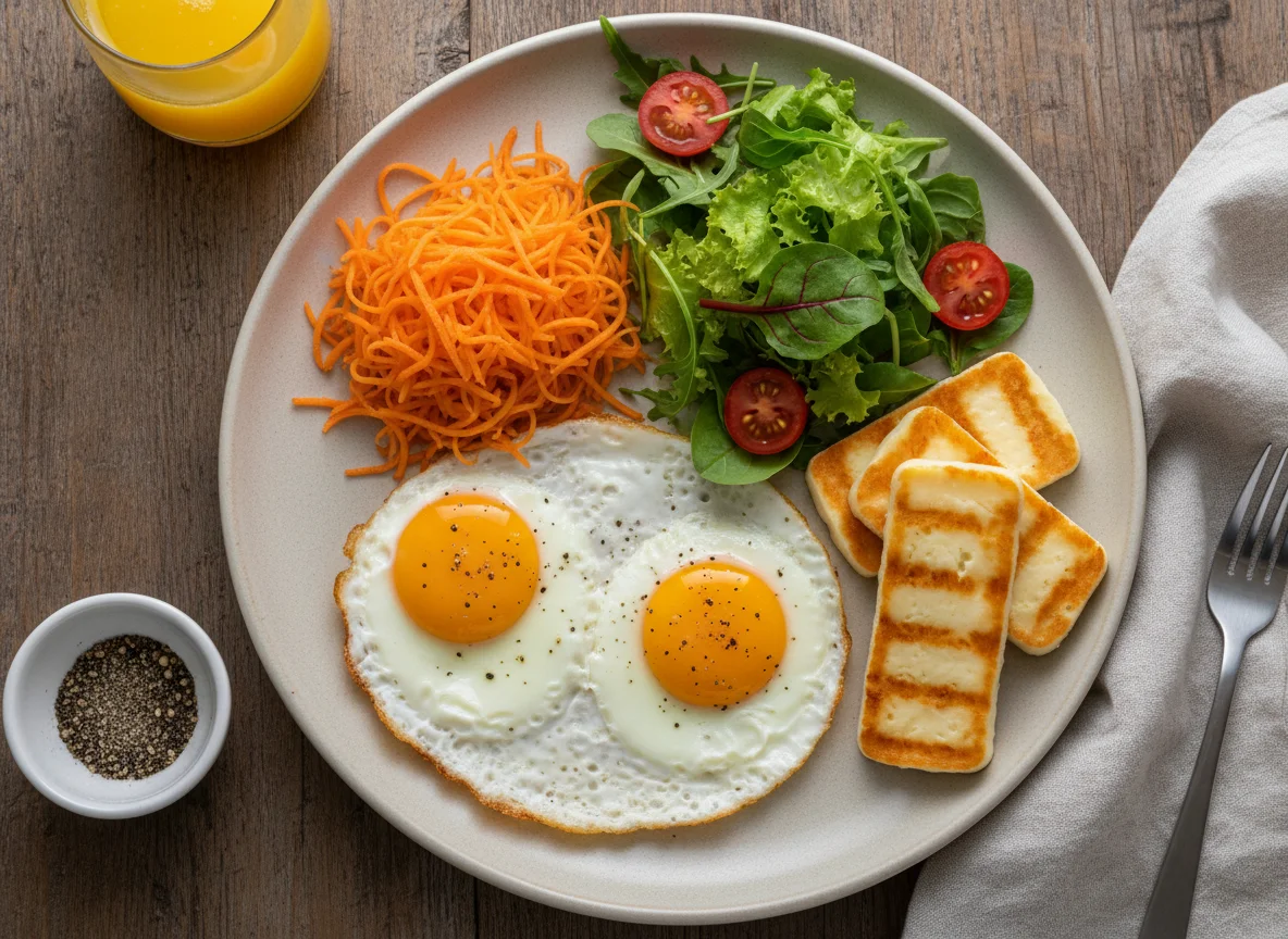 Café da manhã com ovos fritos e salada photo