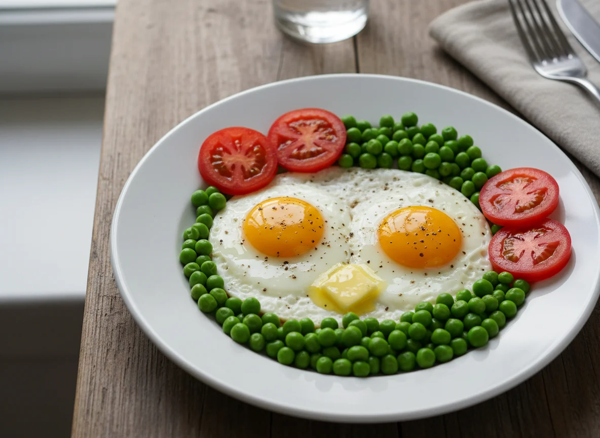Café da manhã com ovos fritos e vegetais photo